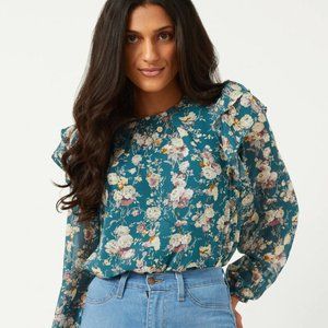 Ladies Teal & Purple Floral Ruffle Blouse - FINAL CLEARANCE